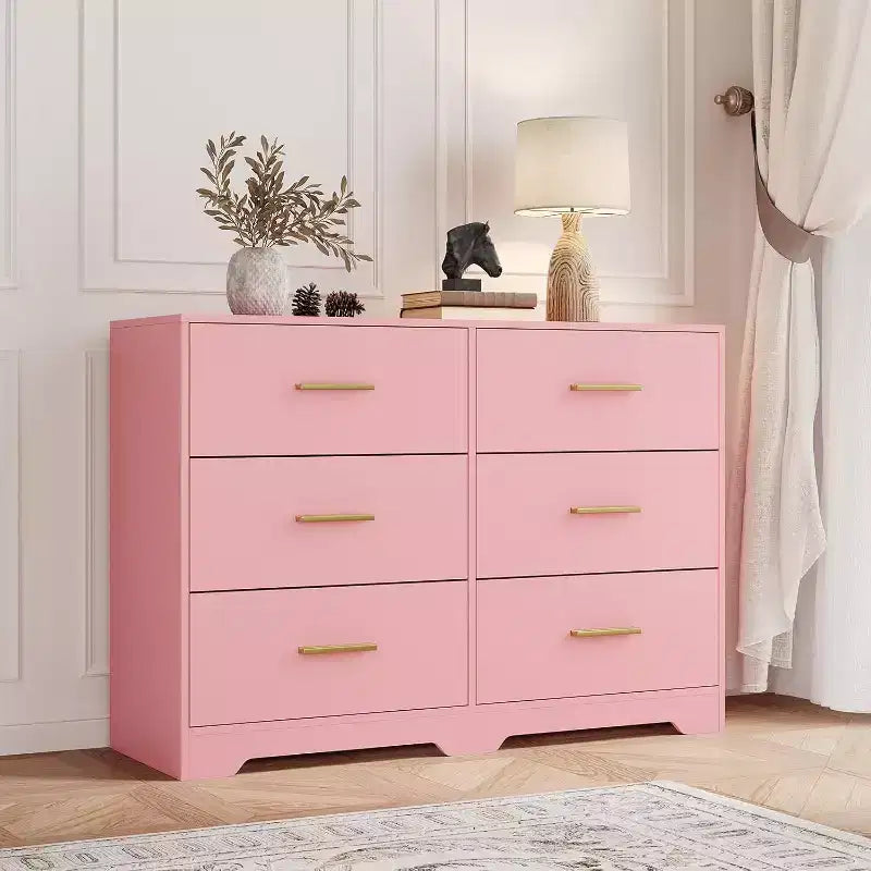 Commode à 6 tiroirs, meuble moderne avec poignées en métal, meuble TV en bois et organisateur de rangement pour chambre et salon