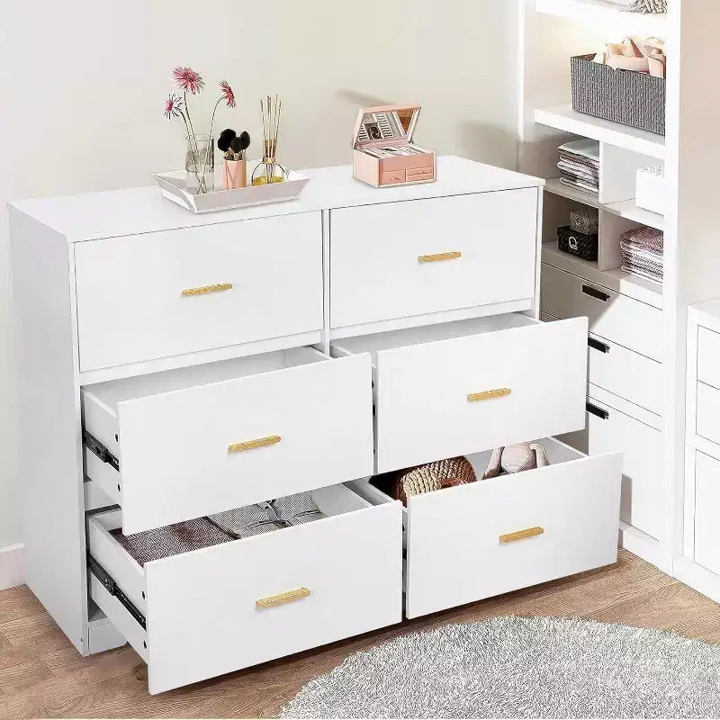 Commode à 6 tiroirs, meuble moderne avec poignées en métal, meuble TV en bois et organisateur de rangement pour chambre et salon