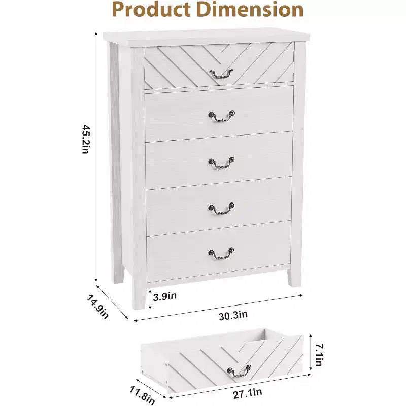 Commode de style campagne à 5 tiroirs pour chambre, commode haute de 45.2, tiroirs verticaux avec rangements, meuble de rangement autonome en bois pour chambre