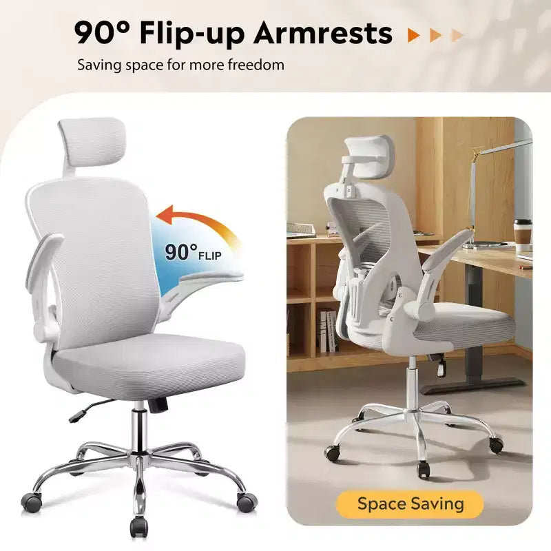 Bürostuhl mit hoher Rückenlehne aus Netzstoff, ergonomischer Schreibtischstuhl mit hochklappbaren Armlehnen, verstellbarer Kopfstütze und Lendenstütze