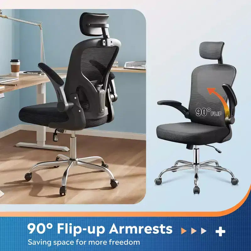Bürostuhl mit hoher Rückenlehne aus Netzstoff, ergonomischer Schreibtischstuhl mit hochklappbaren Armlehnen, verstellbarer Kopfstütze und Lendenstütze