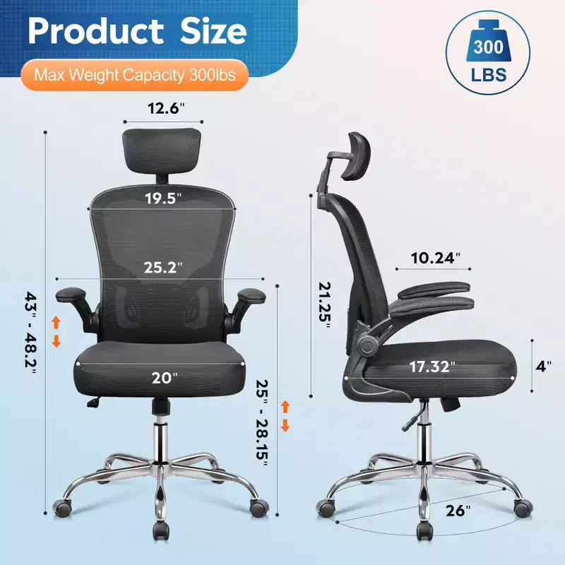Chaise de bureau en maille à dossier haut, ergonomique, avec accoudoirs rabattables, appuie-tête réglable et soutien lombaire