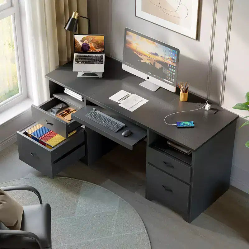 Büroschreibtisch mit 59' und Ladestation sowie Tastaturablage, Computerschreibtisch mit Schubladen, moderner Chefschreibtisch fürs Homeoffice