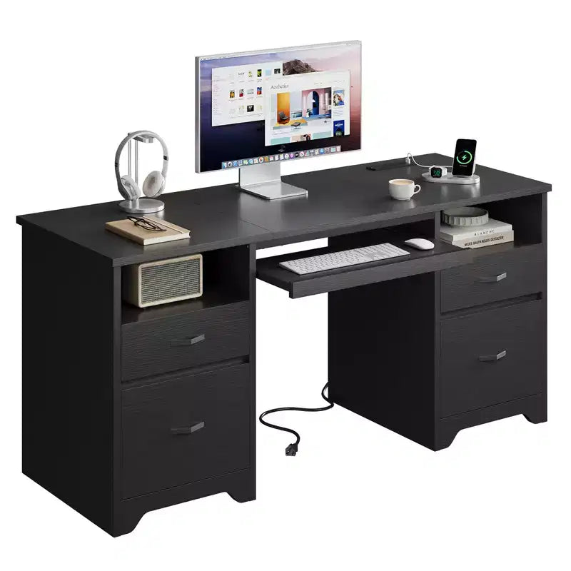 Büroschreibtisch mit 59' und Ladestation sowie Tastaturablage, Computerschreibtisch mit Schubladen, moderner Chefschreibtisch fürs Homeoffice