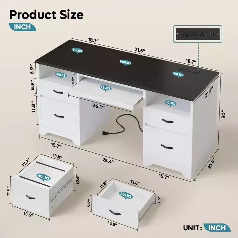 Bureau de 59' avec station de recharge et plateau pour clavier, bureau informatique avec tiroirs, bureau de direction moderne pour bureau à domicile