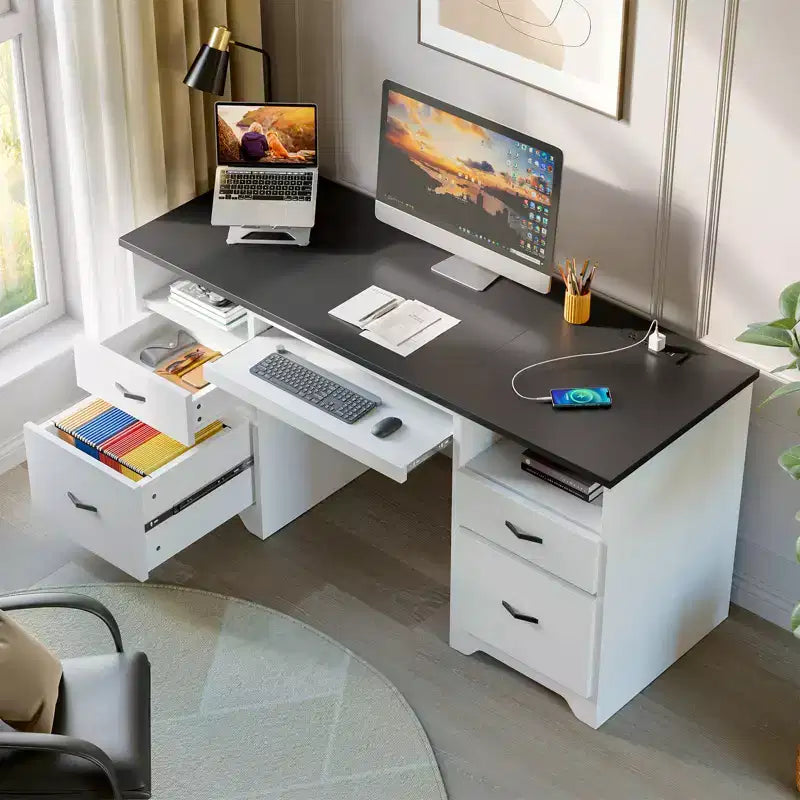 Büroschreibtisch mit 59' und Ladestation sowie Tastaturablage, Computerschreibtisch mit Schubladen, moderner Chefschreibtisch fürs Homeoffice