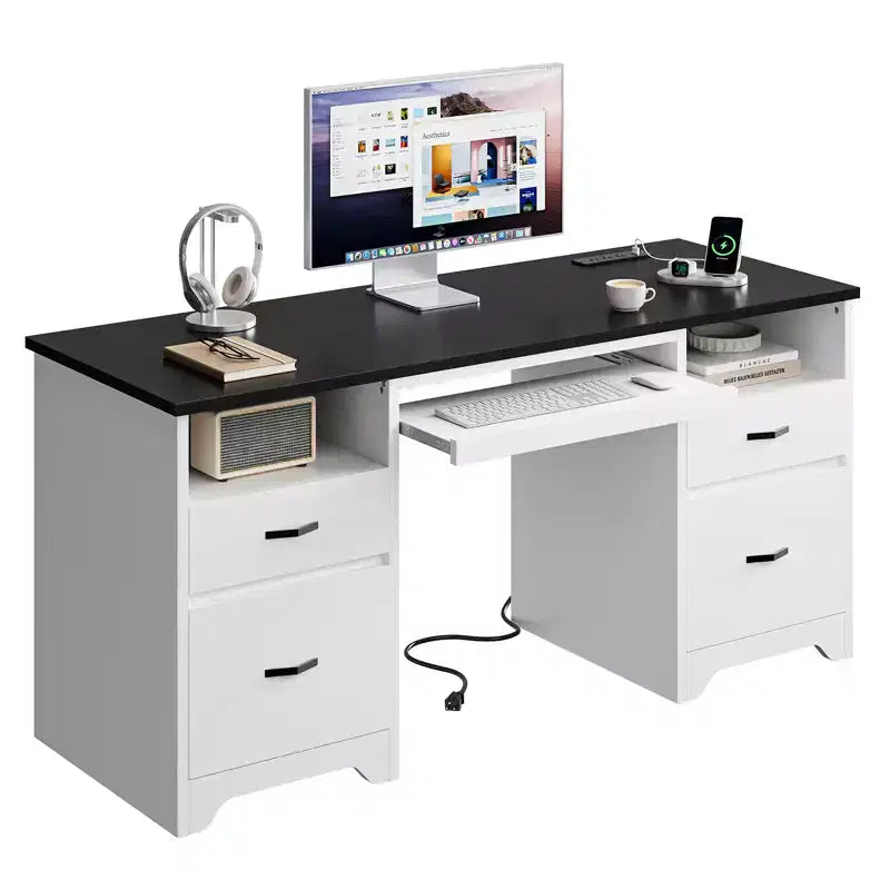Büroschreibtisch mit 59' und Ladestation sowie Tastaturablage, Computerschreibtisch mit Schubladen, moderner Chefschreibtisch fürs Homeoffice