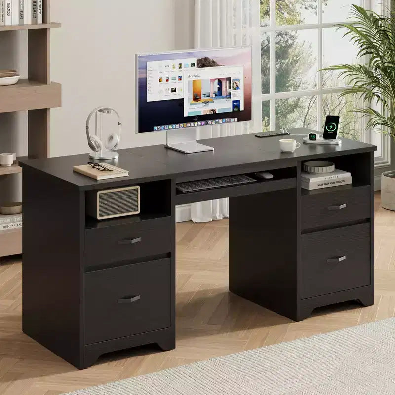 Bureau de 59' avec station de recharge et plateau pour clavier, bureau informatique avec tiroirs, bureau de direction moderne pour bureau à domicile