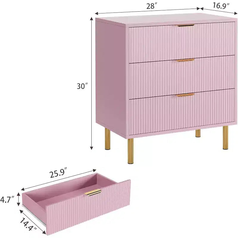 Commode moderne à 3 tiroirs - poignées dorées et grand espace de rangement pour chambre et salon
