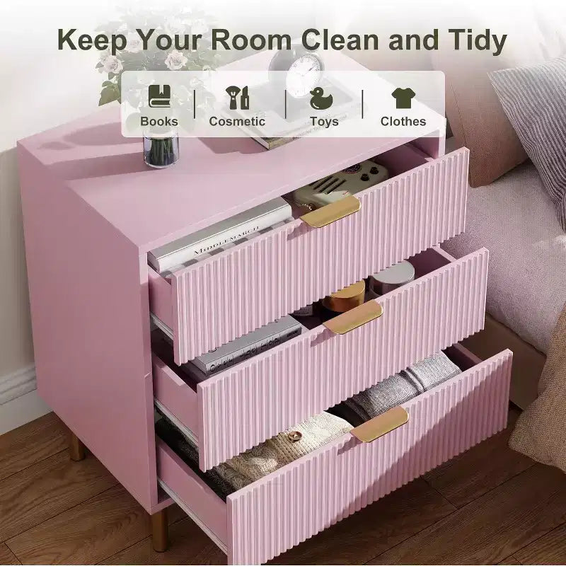 Commode moderne à 3 tiroirs - poignées dorées et grand espace de rangement pour chambre et salon