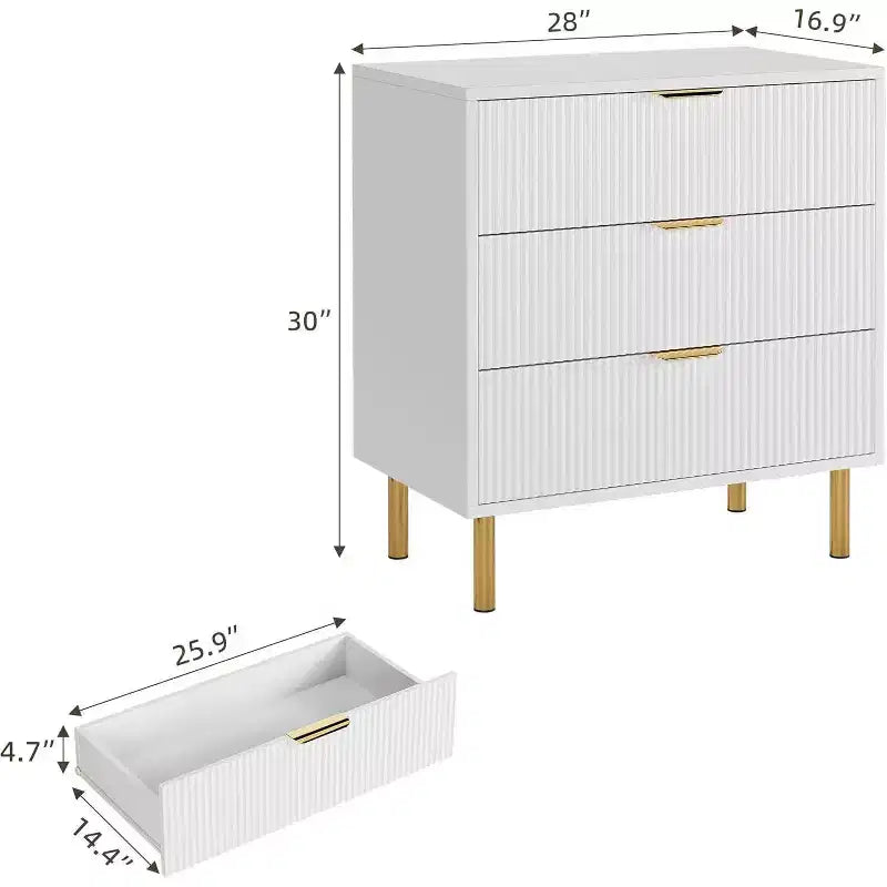 Commode moderne à 3 tiroirs - poignées dorées et grand espace de rangement pour chambre et salon