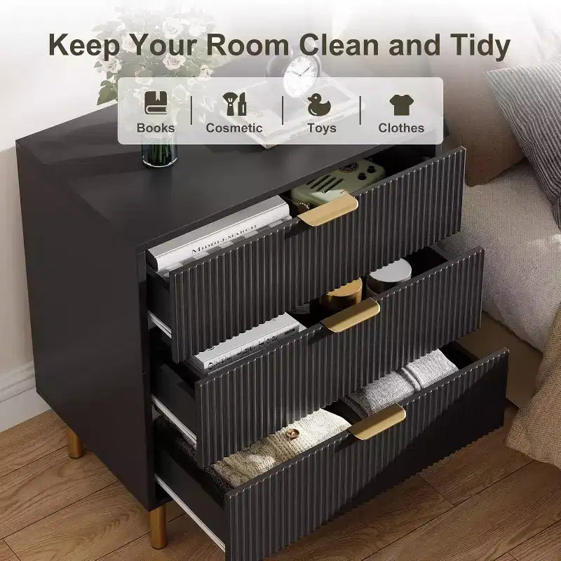 Commode moderne à 3 tiroirs - poignées dorées et grand espace de rangement pour chambre et salon