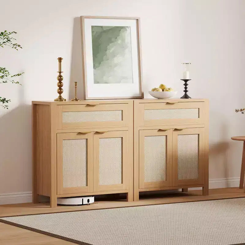 Buffet en rotin moderne avec portes, meuble de rangement bohème étroit, crédence d’appoint avec rangements et table console pour coin café