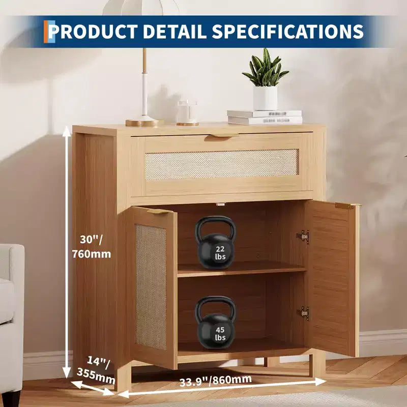 Buffet en rotin moderne avec portes, meuble de rangement bohème étroit, crédence d’appoint avec rangements et table console pour coin café