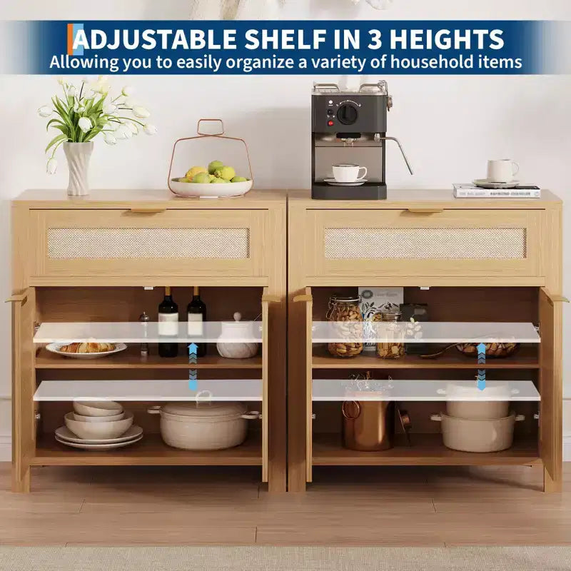 Buffet en rotin moderne avec portes, meuble de rangement bohème étroit, crédence d’appoint avec rangements et table console pour coin café