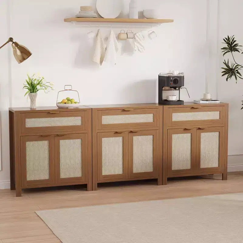 Buffet en rotin moderne avec portes, meuble de rangement bohème étroit, crédence d’appoint avec rangements et table console pour coin café