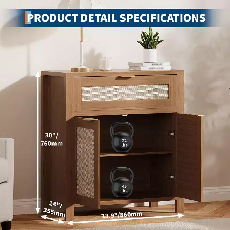 Buffet en rotin moderne avec portes, meuble de rangement bohème étroit, crédence d’appoint avec rangements et table console pour coin café