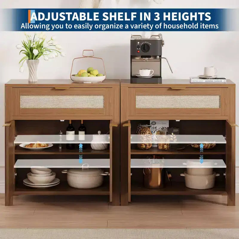 Buffet en rotin moderne avec portes, meuble de rangement bohème étroit, crédence d’appoint avec rangements et table console pour coin café