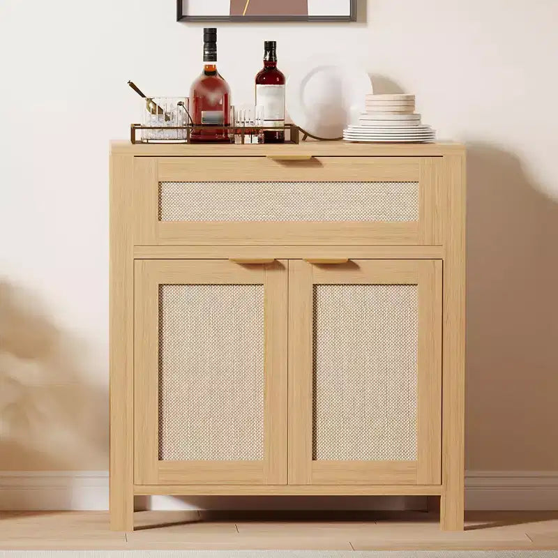 Buffet en rotin moderne avec portes, meuble de rangement bohème étroit, crédence d’appoint avec rangements et table console pour coin café
